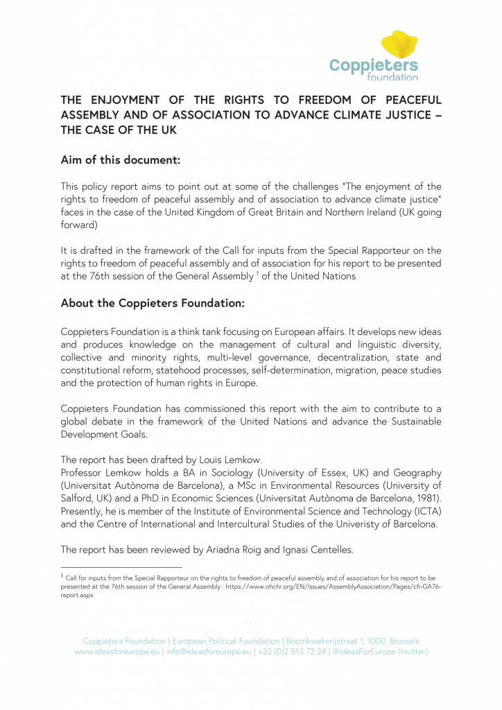 The Enjoyment of the Rights to Freedom of Peaceful Assembly and of Association to Advance Climate Justice – The Case of the UK